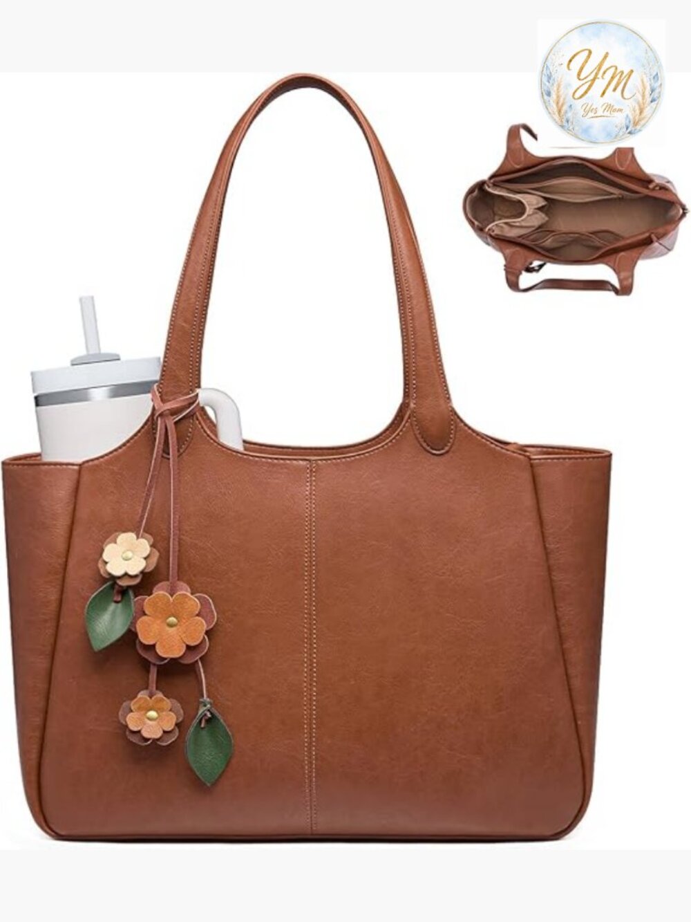 Vegan Leather Tote Bag with Cup Holder for Work Travel
